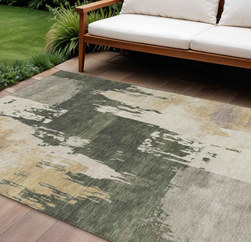 10' X 14' Olive Green Ivory And Tan Abstract Washable Indoor Outdoor Area Rug