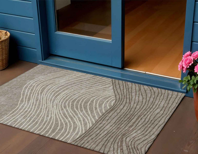 3' X 5' Taupe Beige And Brown Striped Washable Indoor Outdoor Area Rug