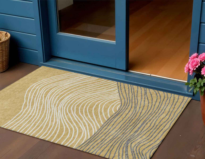 3' X 5' Gold Ivory And Charcoal Striped Washable Indoor Outdoor Area Rug