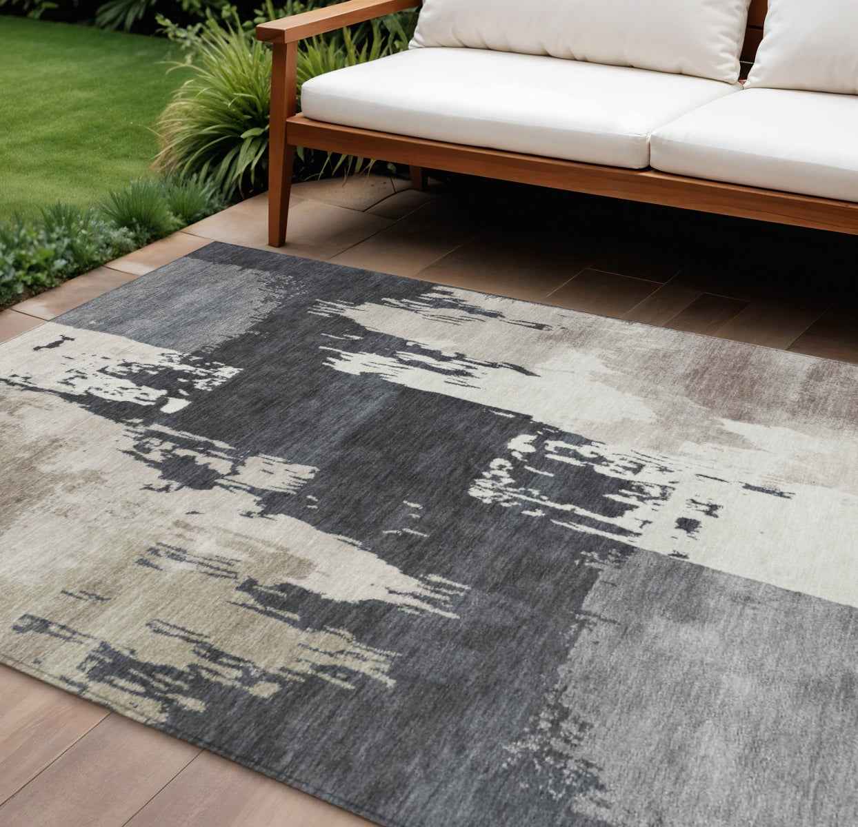 8' X 10' Charcoal Ivory And Beige Abstract Washable Indoor Outdoor Area Rug