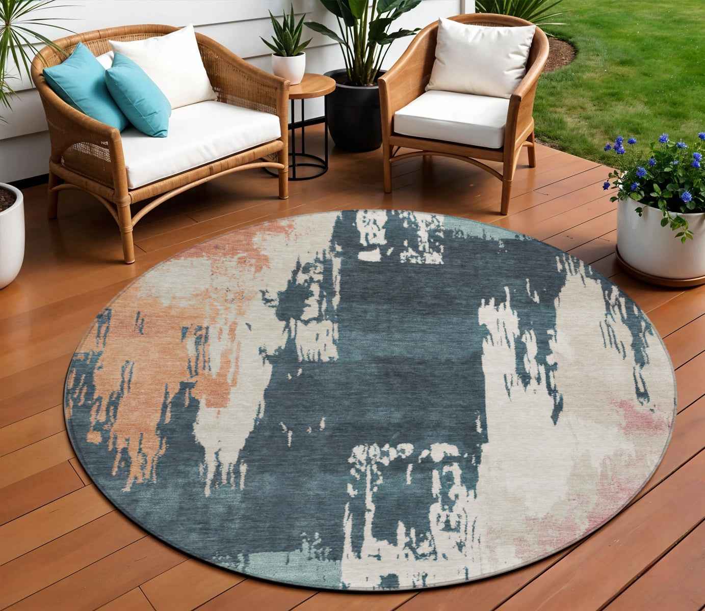 8' Teal Blue Pink And Orange Round Abstract Washable Indoor Outdoor Area Rug
