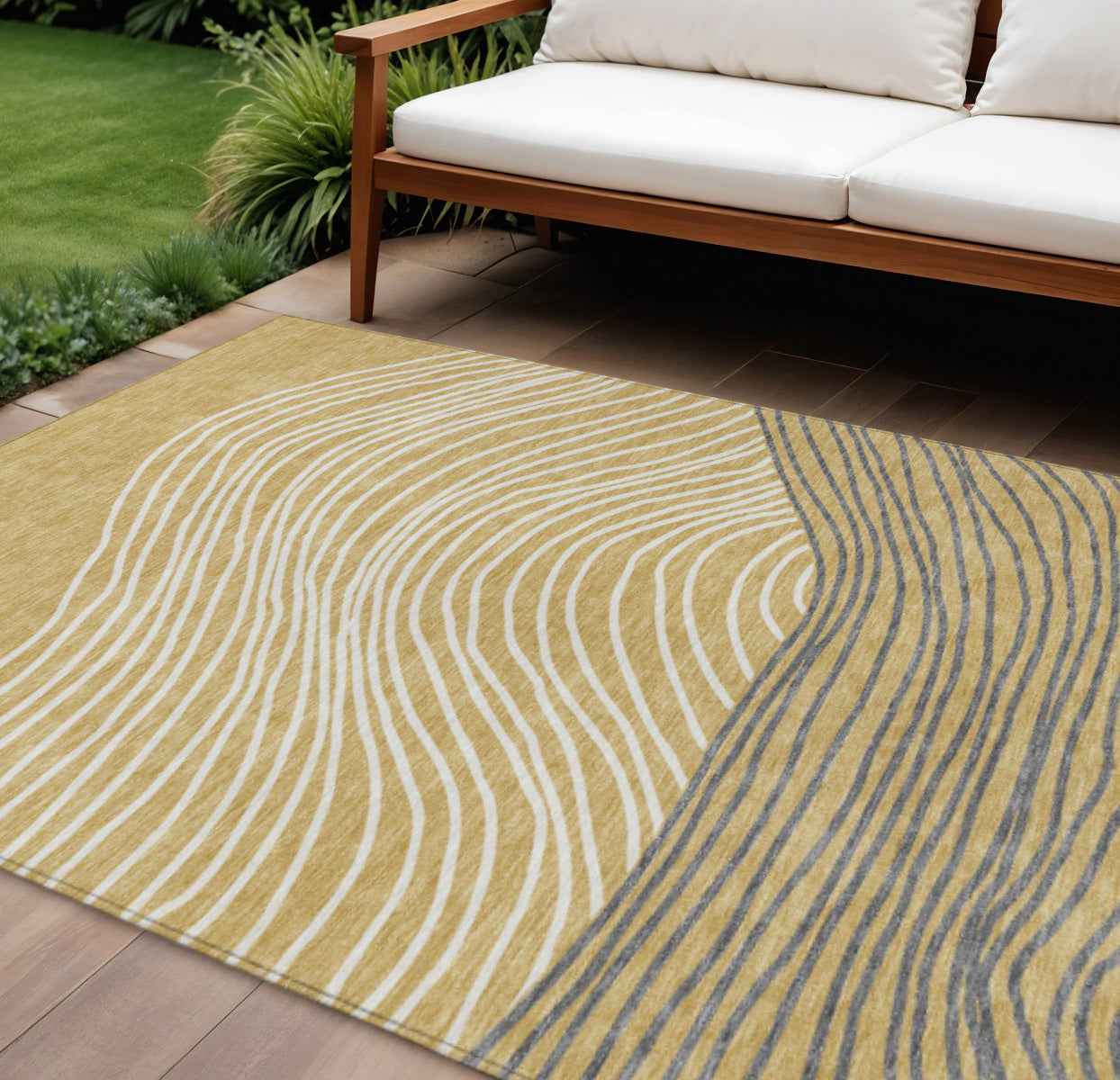 10' X 14' Gold Ivory And Charcoal Striped Washable Indoor Outdoor Area Rug