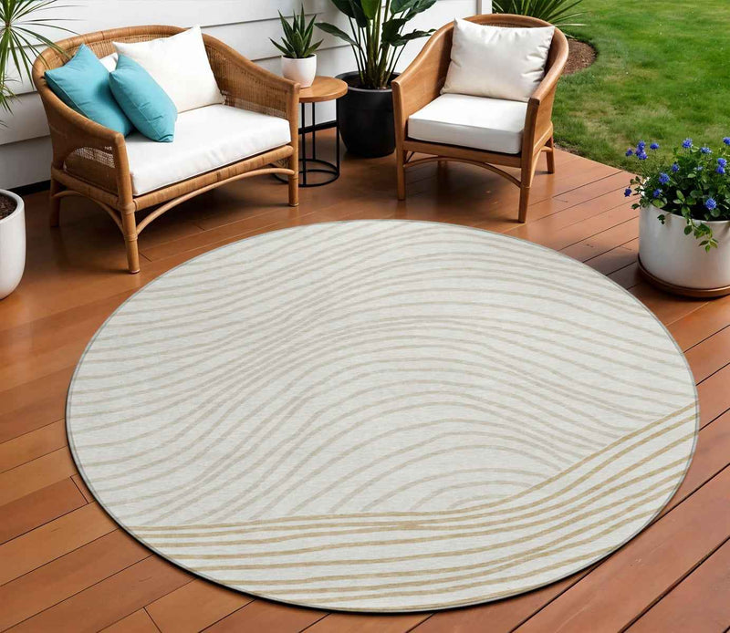 8' Ivory And Wheat Round Striped Washable Indoor Outdoor Area Rug