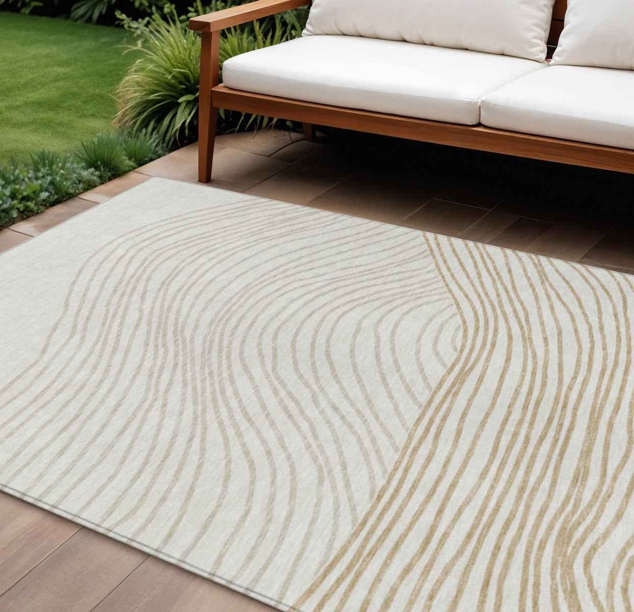 9' X 12' Ivory And Wheat Striped Washable Indoor Outdoor Area Rug