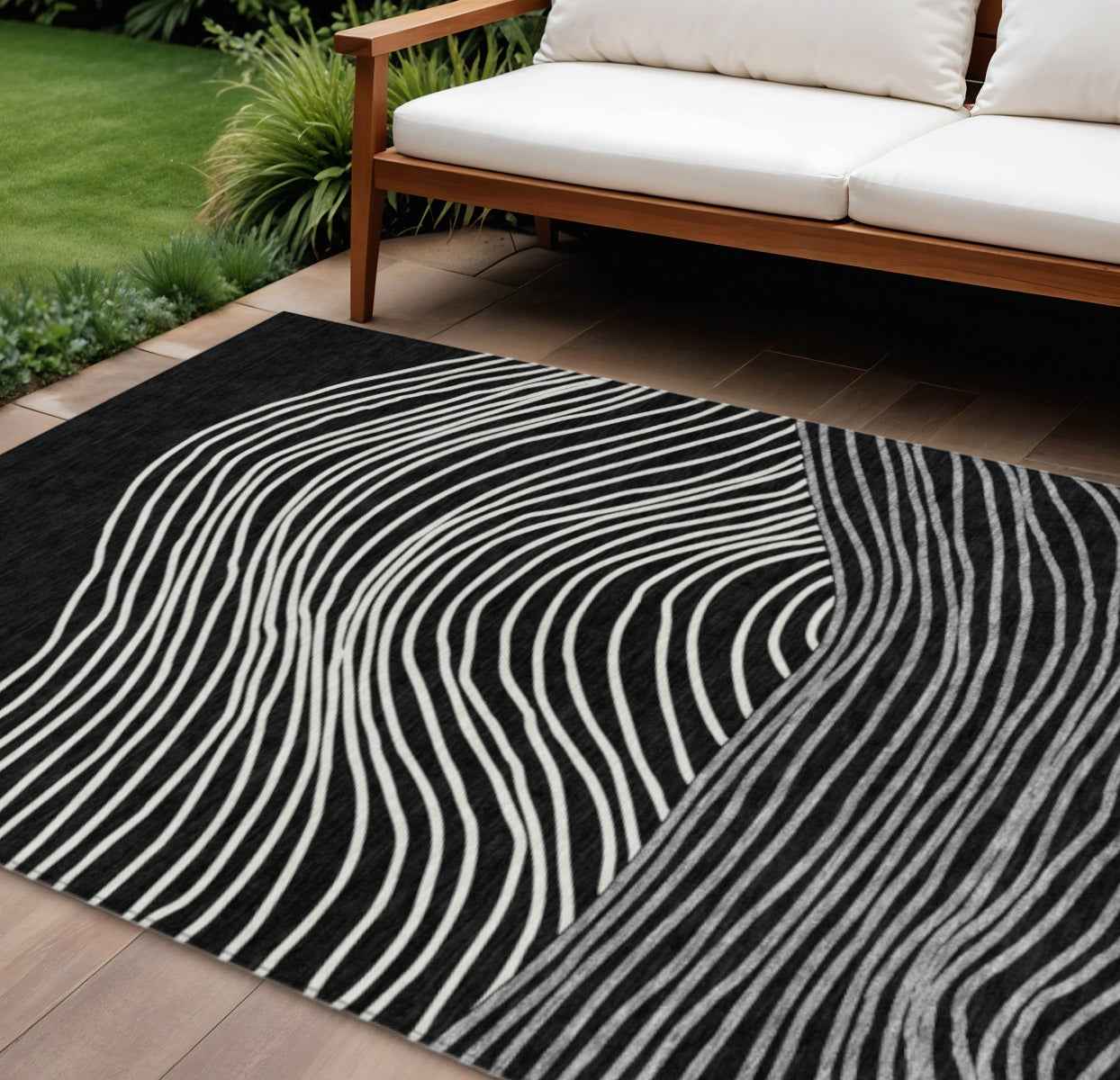 10' X 14' Black Ivory And Gray Striped Washable Indoor Outdoor Area Rug