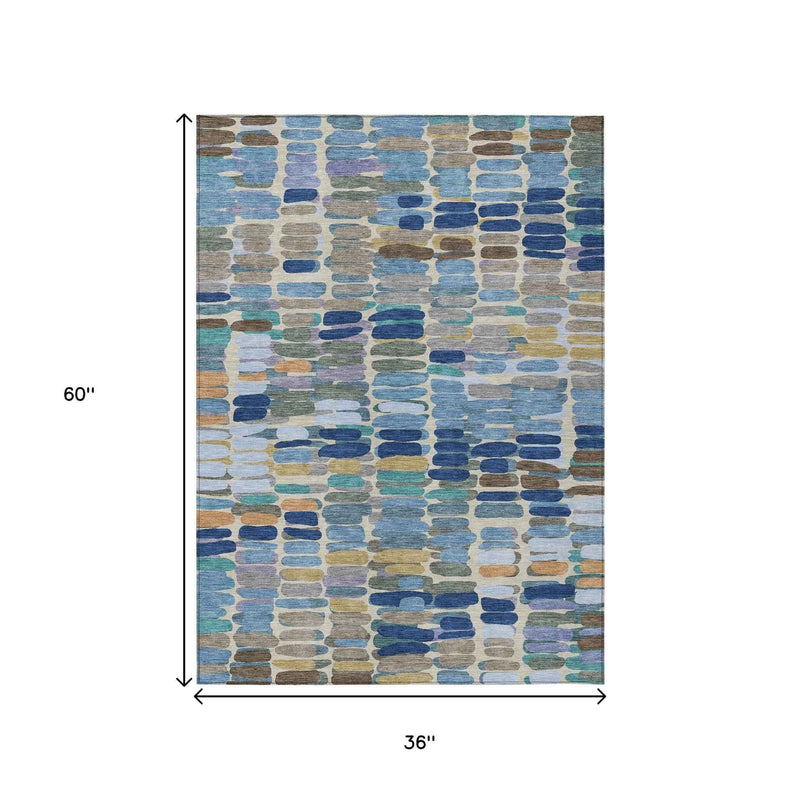 3' X 5' Denim Blue Wheat And Beige Abstract Washable Indoor Outdoor Area Rug