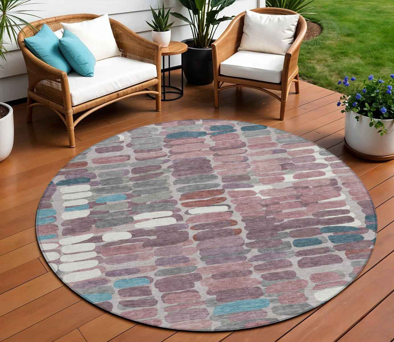 8' Blush Pink And Merlot Round Abstract Washable Indoor Outdoor Area Rug