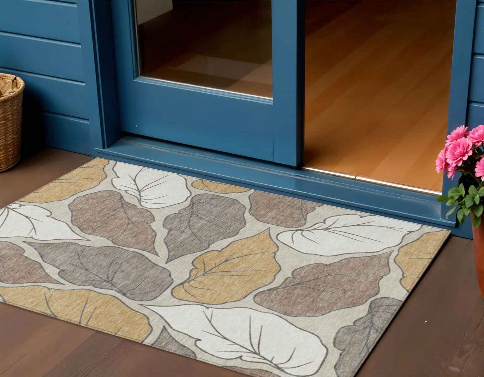 3' X 5' Linen Ivory And Brown Botanical Leaves Washable Indoor Outdoor Area Rug