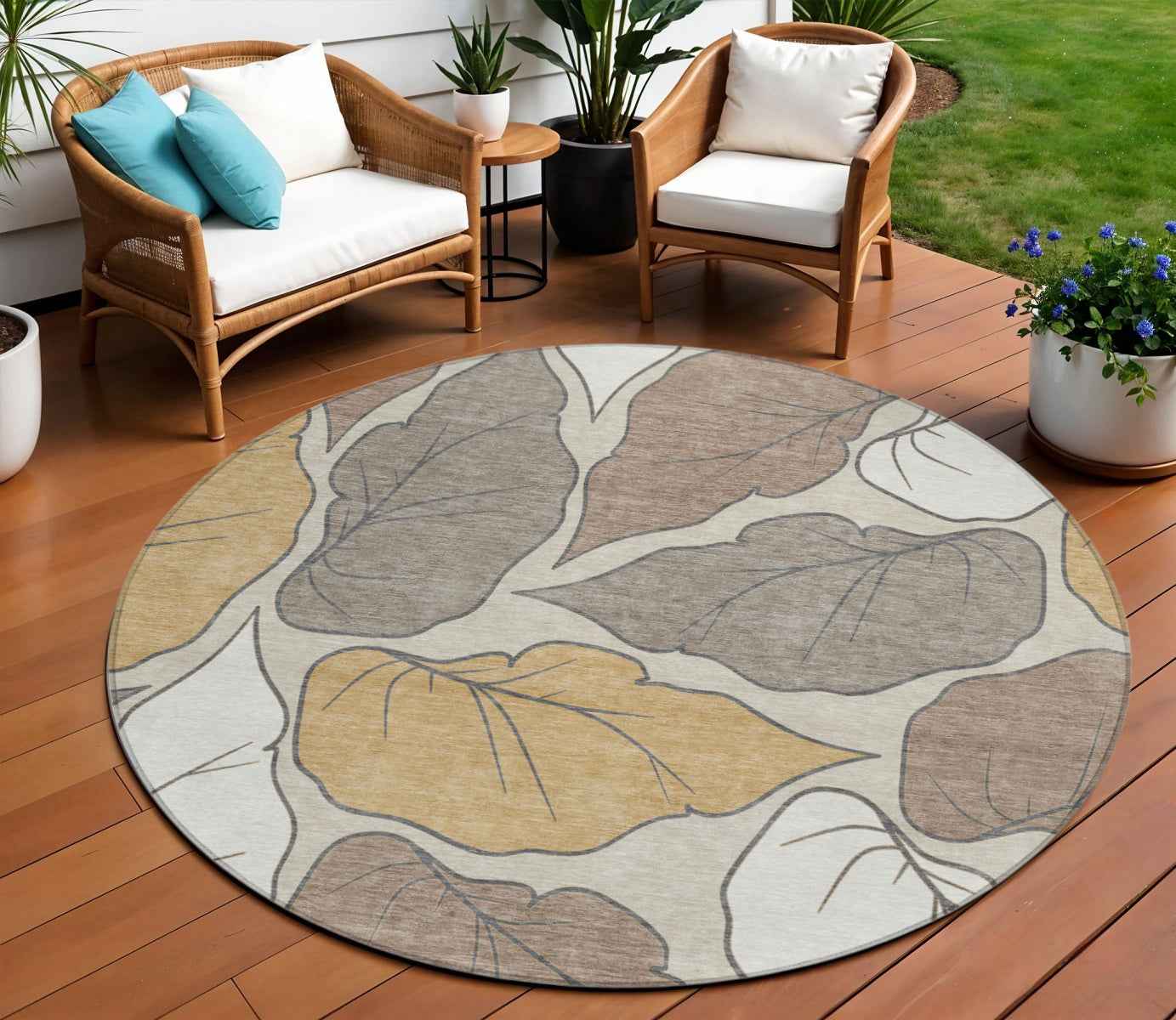 8' Linen Ivory And Brown Round Botanical Leaves Washable Indoor Outdoor Area Rug