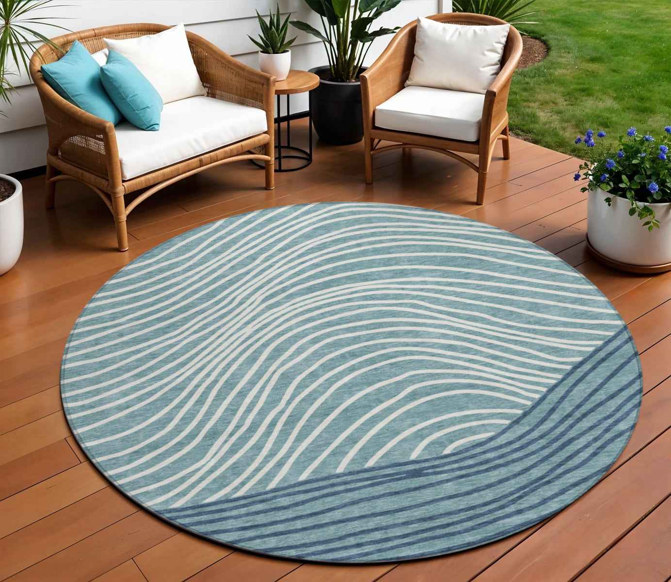 8' Teal Blue And Ivory Round Striped Washable Indoor Outdoor Area Rug