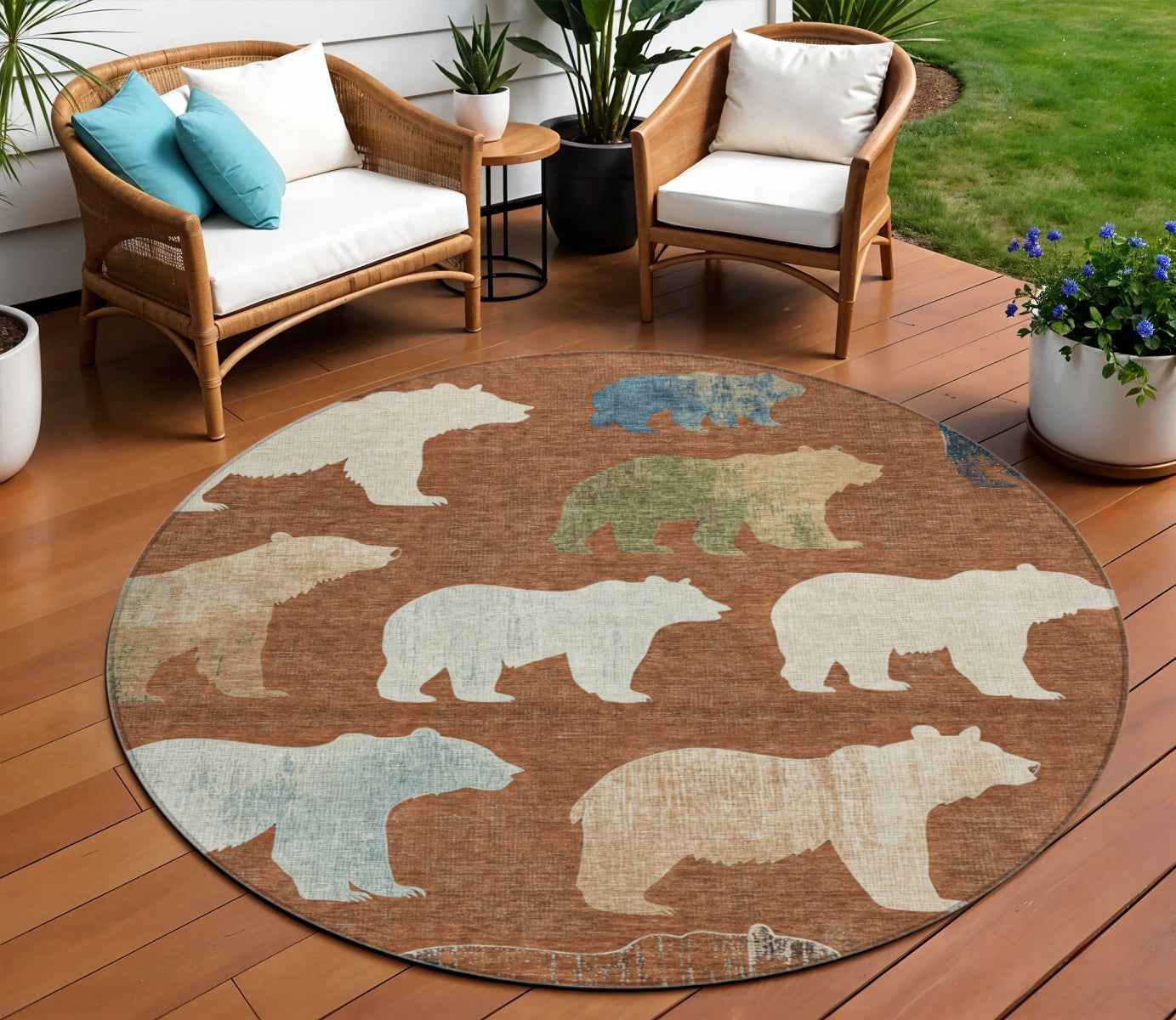 8' Chili Red Ivory And Beige Round Animal Print Washable Indoor Outdoor Area Rug