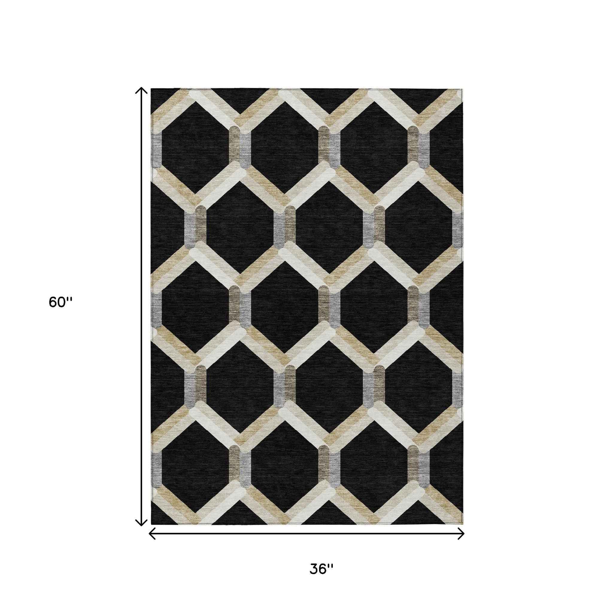 3' X 5' Black Ivory And Wheat Geometric Washable Indoor Outdoor Area Rug