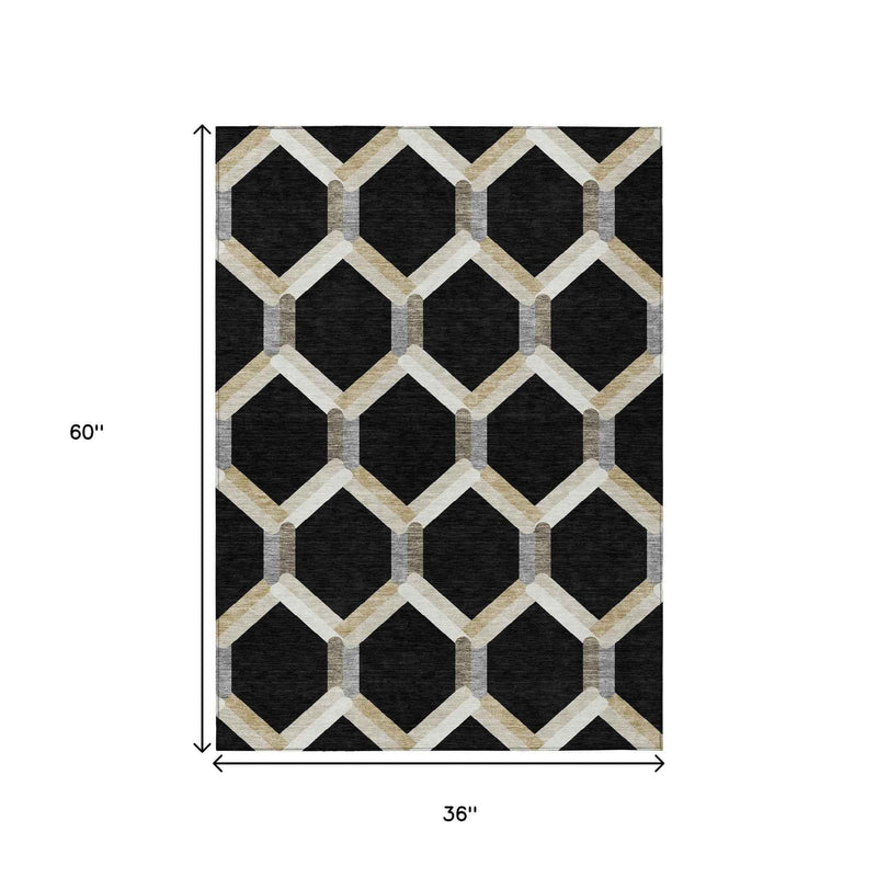 3' X 5' Black Ivory And Wheat Geometric Washable Indoor Outdoor Area Rug
