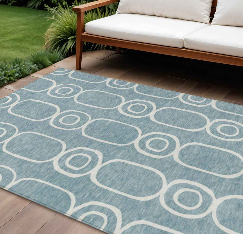 10' X 14' Aqua And Ivory Geometric Washable Indoor Outdoor Area Rug