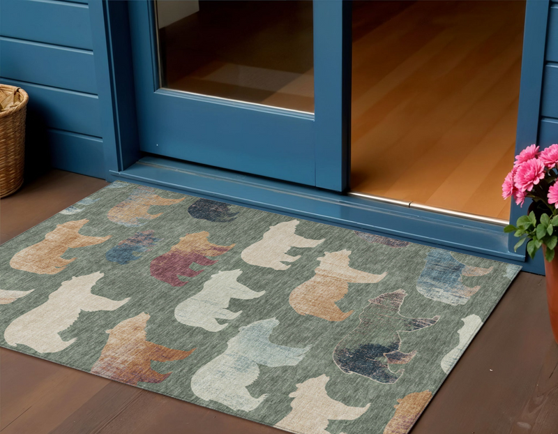 3' X 5' Green Ivory And Copper Animal Print Washable Indoor Outdoor Area Rug