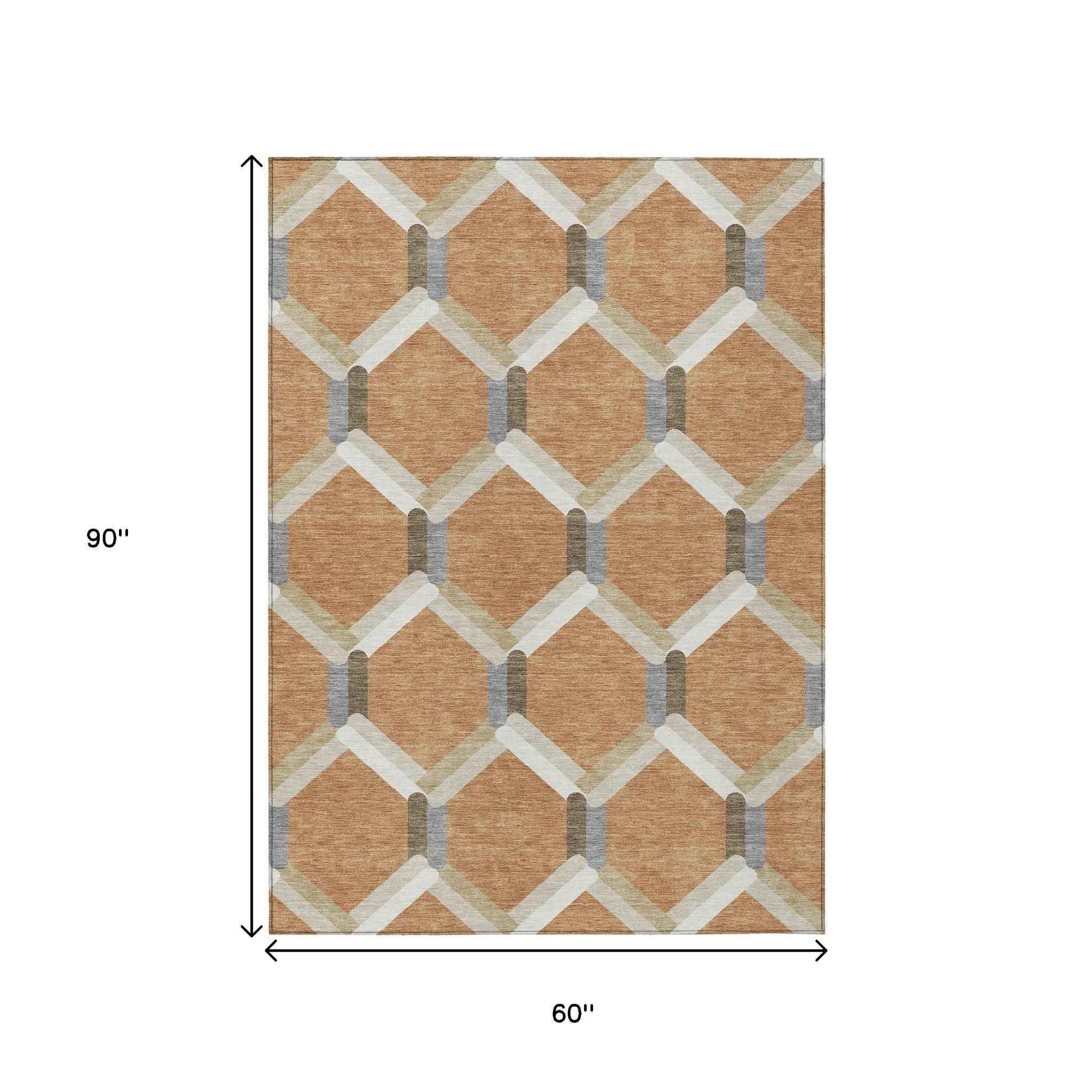 5' X 8' Copper Ivory And Gray Geometric Washable Indoor Outdoor Area Rug