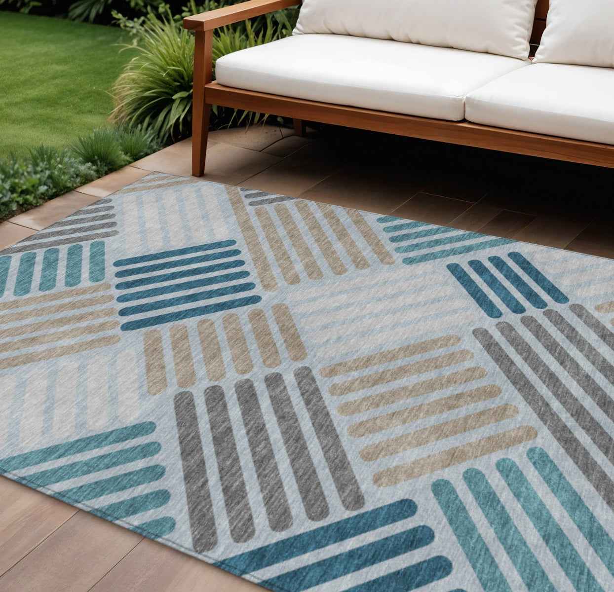 9' X 12' Teal Blue Wheat And Gray Geometric Washable Indoor Outdoor Area Rug