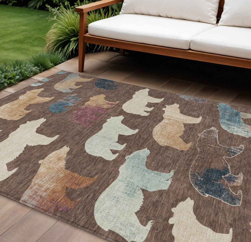 8' X 10' Chocolate Ivory And Blue Animal Print Washable Indoor Outdoor Area Rug