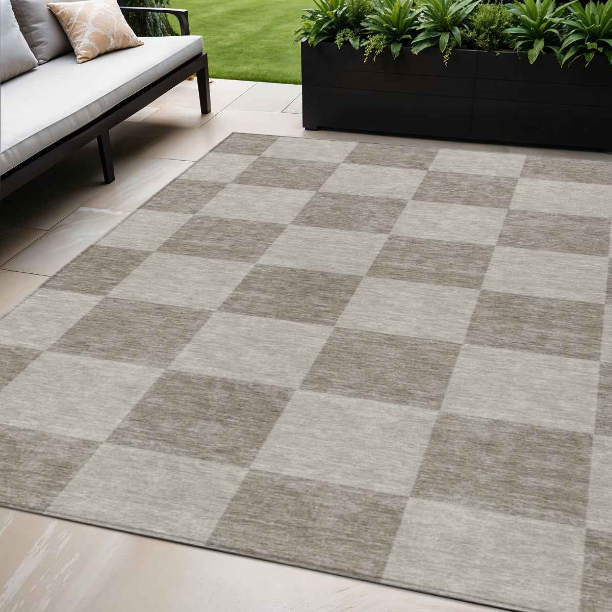 5' X 8' Khaki And Taupe Geometric Washable Indoor Outdoor Area Rug
