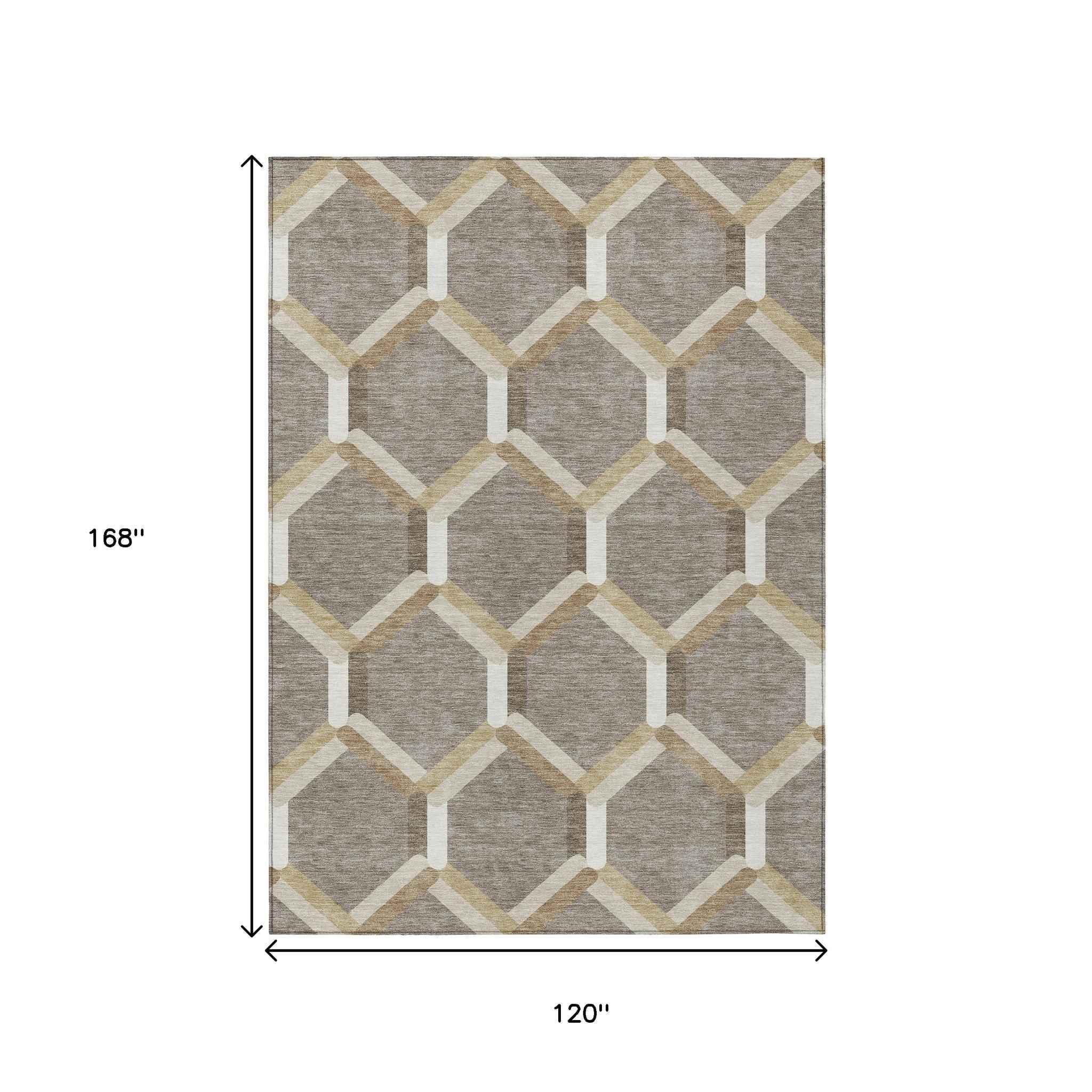 10' X 14' Taupe Beige And Ivory Geometric Washable Indoor Outdoor Area Rug
