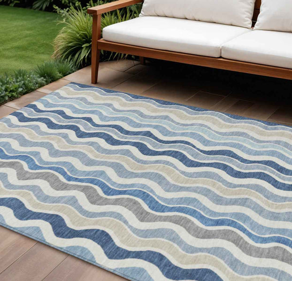 10' X 14' Blue Khaki And Ivory Striped Washable Indoor Outdoor Area Rug