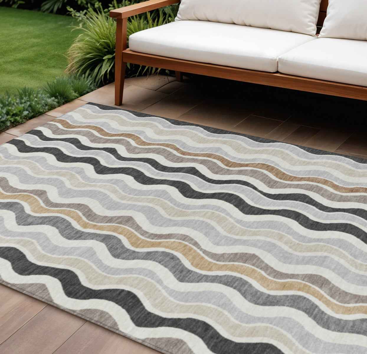 10' X 14' Charcoal Ivory And Gray Striped Washable Indoor Outdoor Area Rug