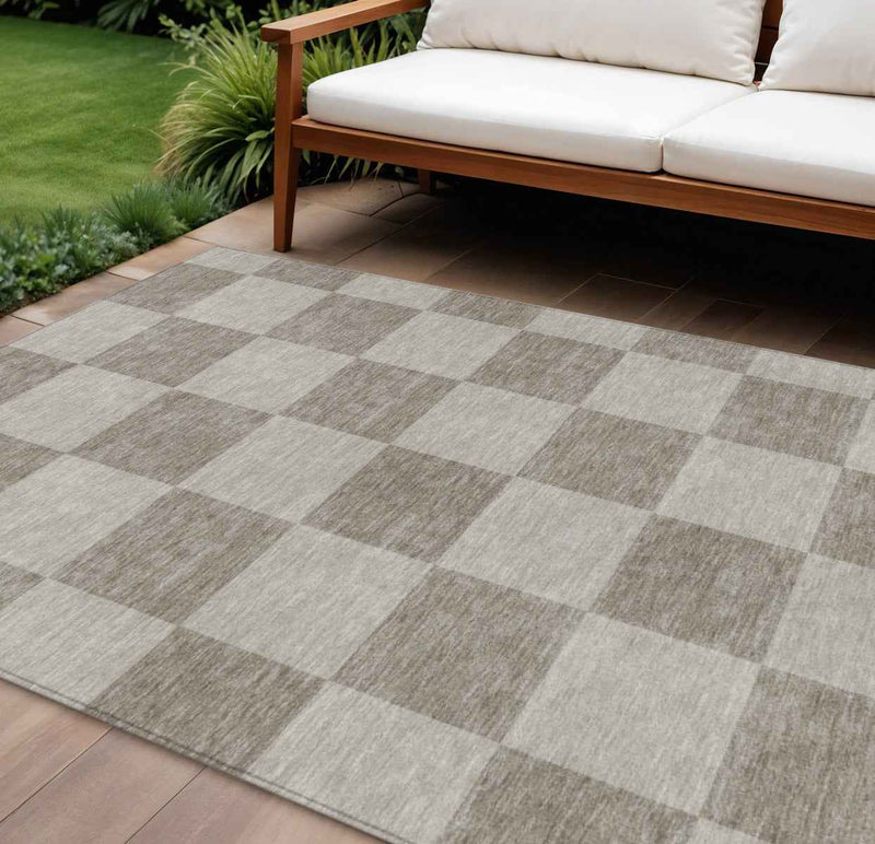 9' X 12' Khaki And Taupe Geometric Washable Indoor Outdoor Area Rug