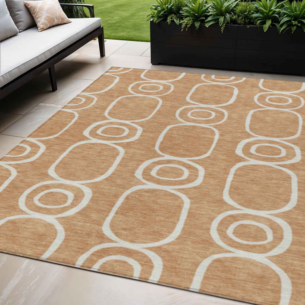 5' X 8' Rust And Ivory Geometric Washable Indoor Outdoor Area Rug