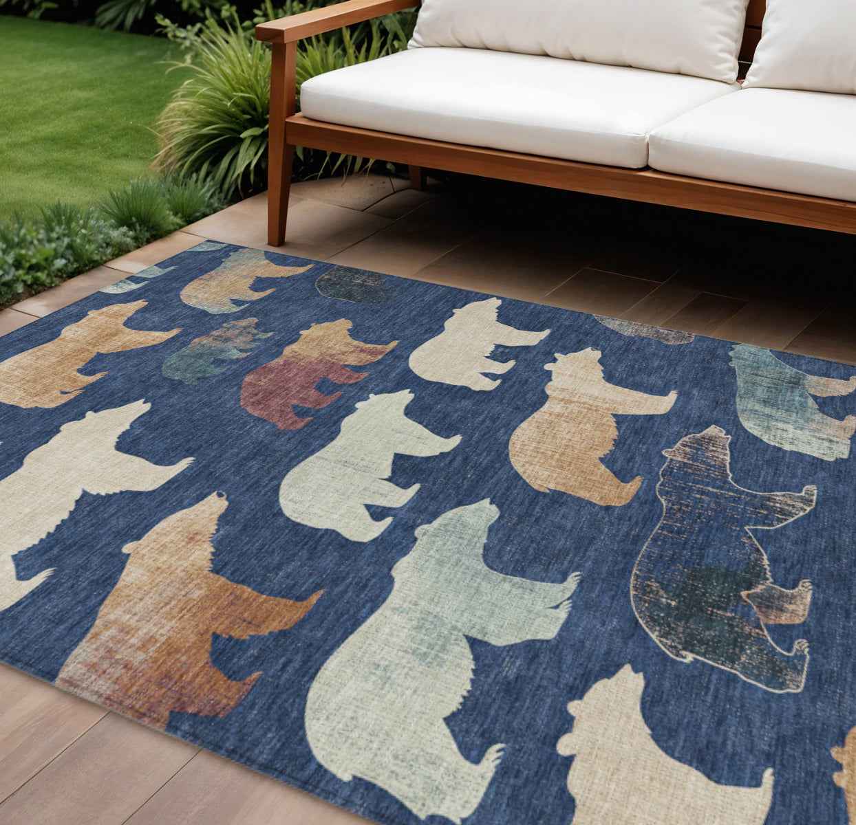 9' X 12' Navy Blue Ivory And Beige Animal Print Washable Indoor Outdoor Area Rug