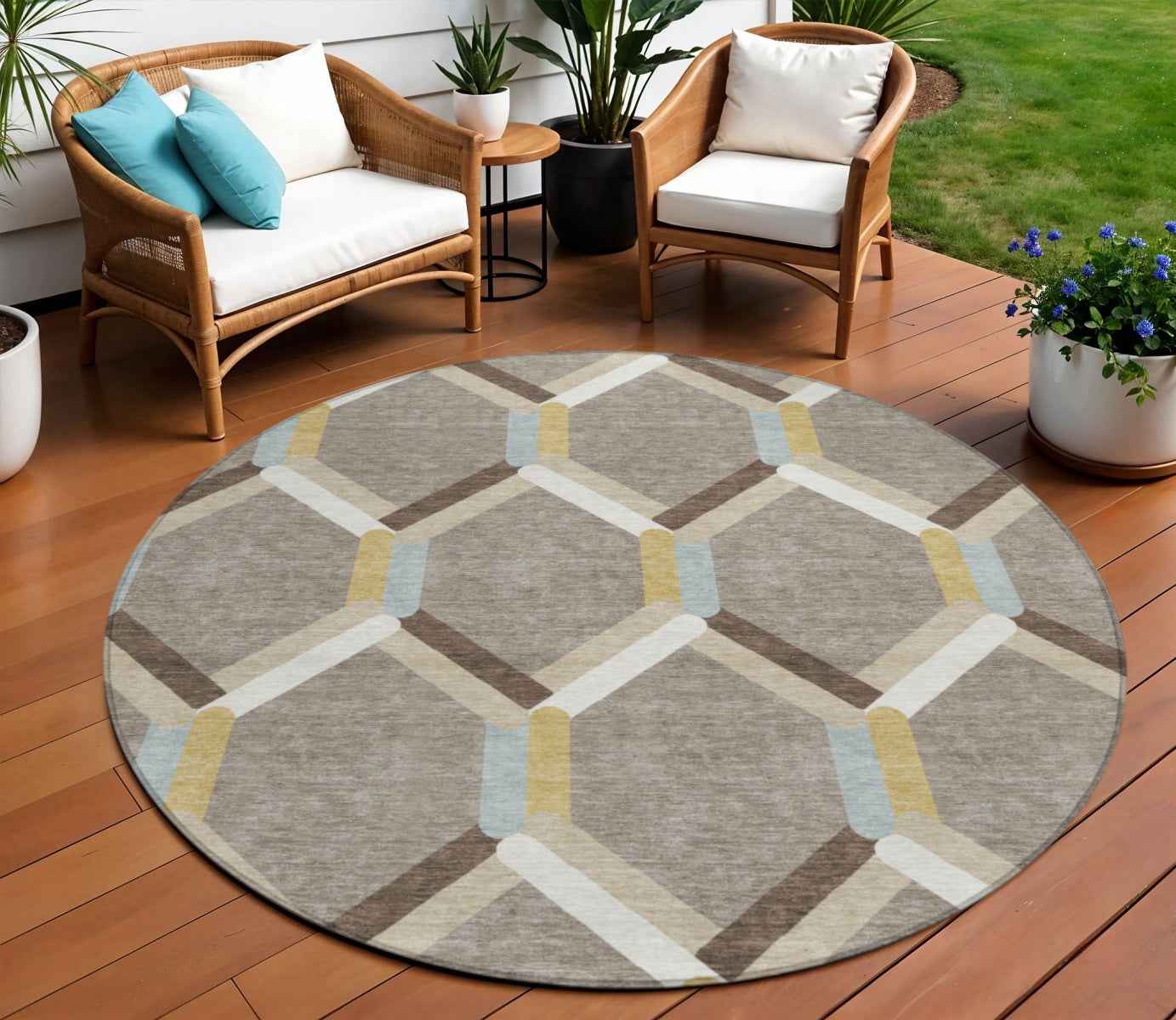 8' Brown Ivory And Beige Round Geometric Washable Indoor Outdoor Area Rug