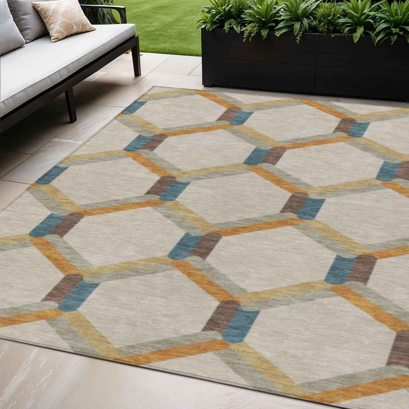 5' X 8' Beige Wheat And Blue Geometric Washable Indoor Outdoor Area Rug
