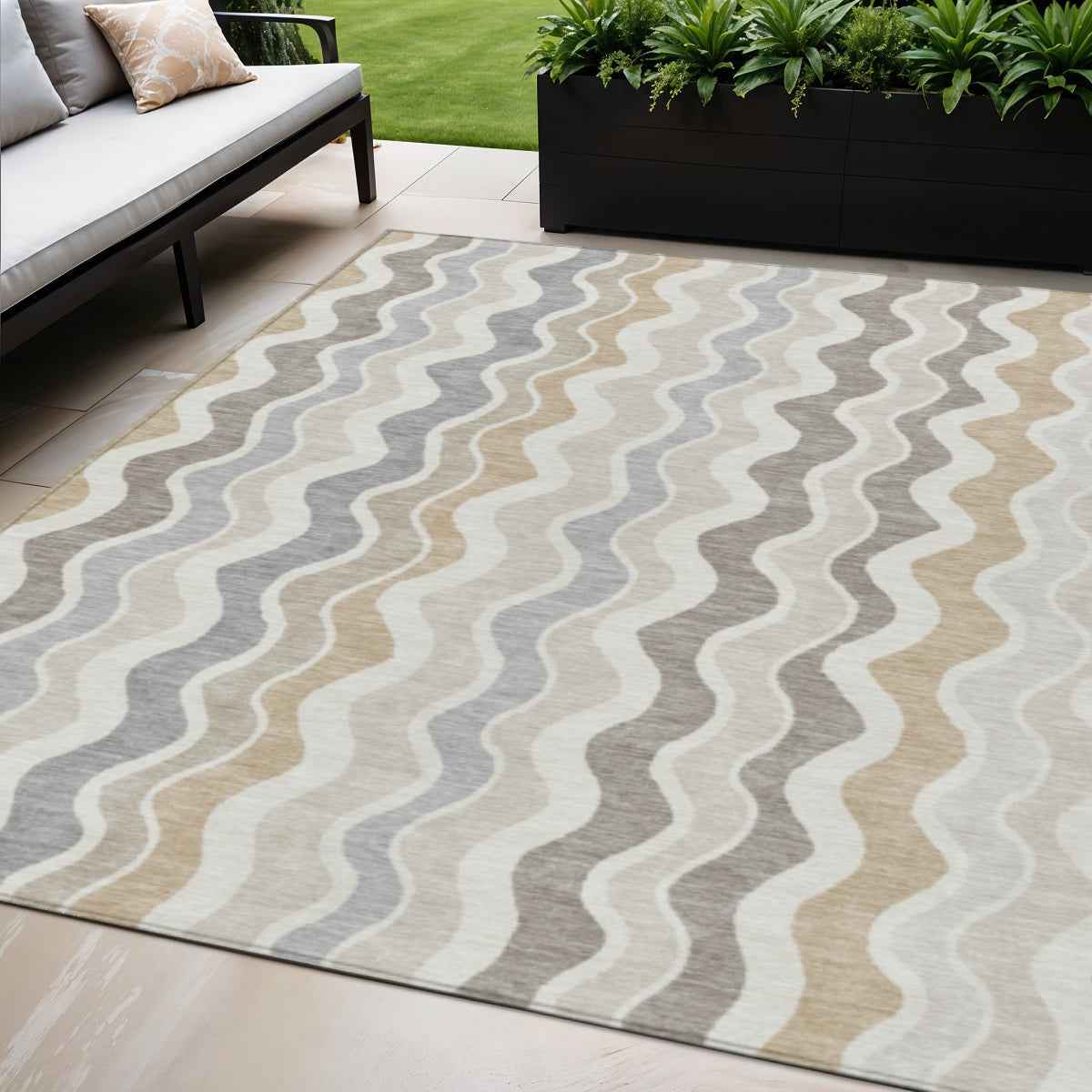 5' X 8' Ivory Khaki And Beige Striped Washable Indoor Outdoor Area Rug