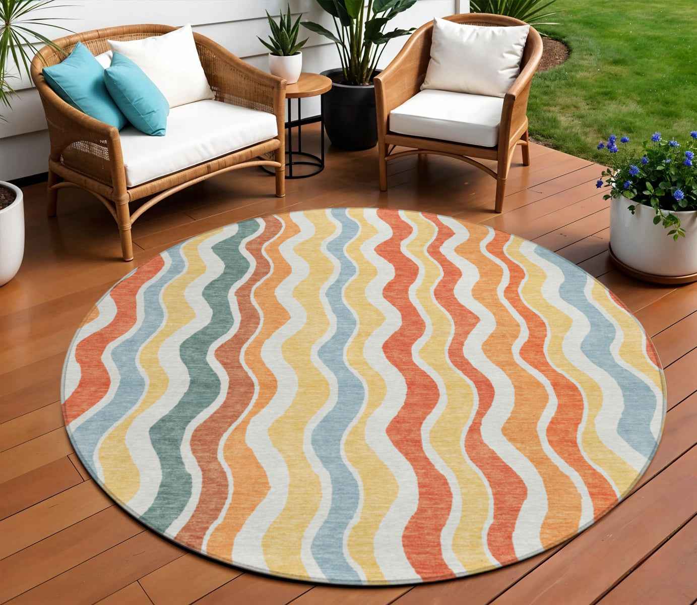 8' Coral Ivory And Gold Round Striped Washable Indoor Outdoor Area Rug