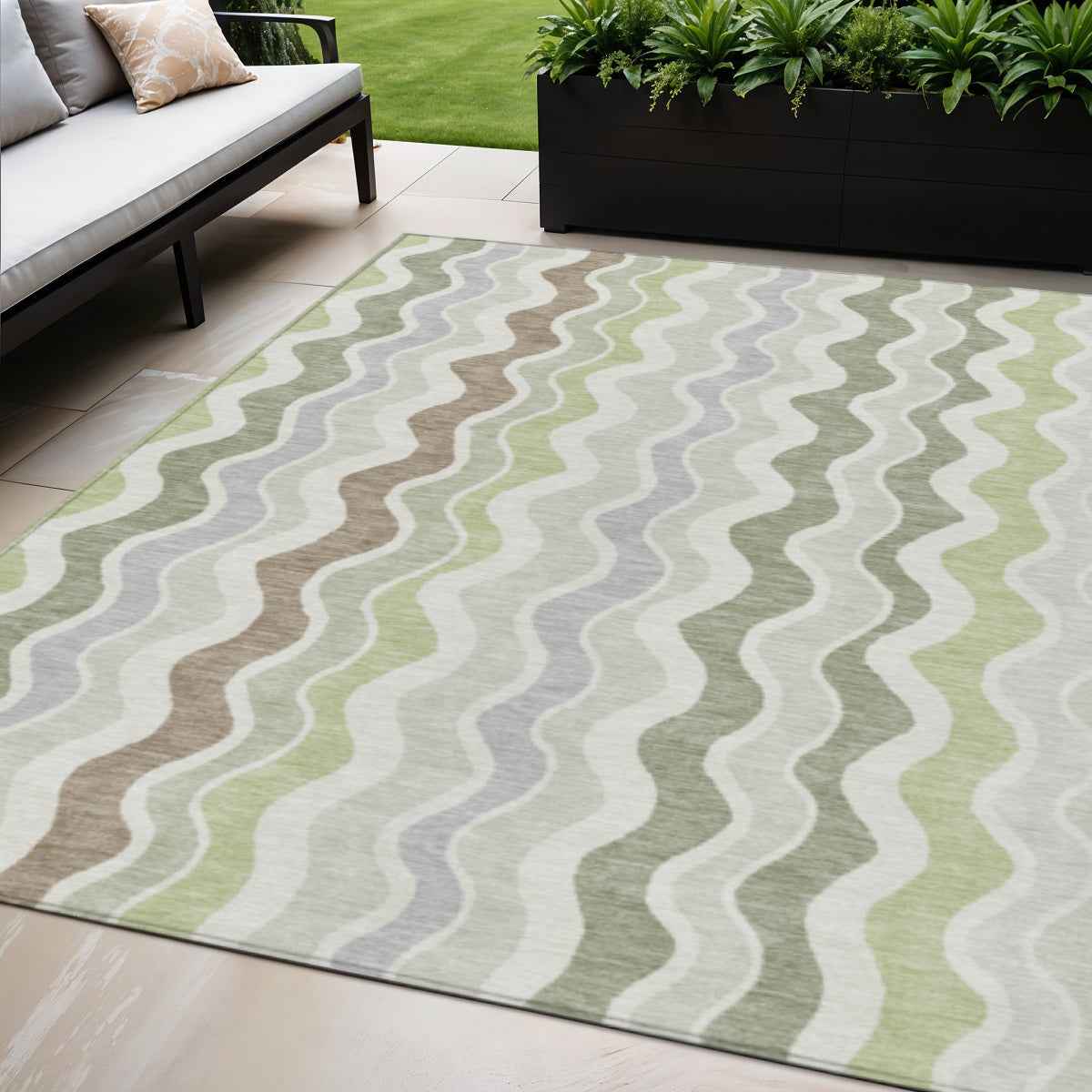 5' X 8' Artichoke Green Ivory And Brown Striped Washable Indoor Outdoor Area Rug