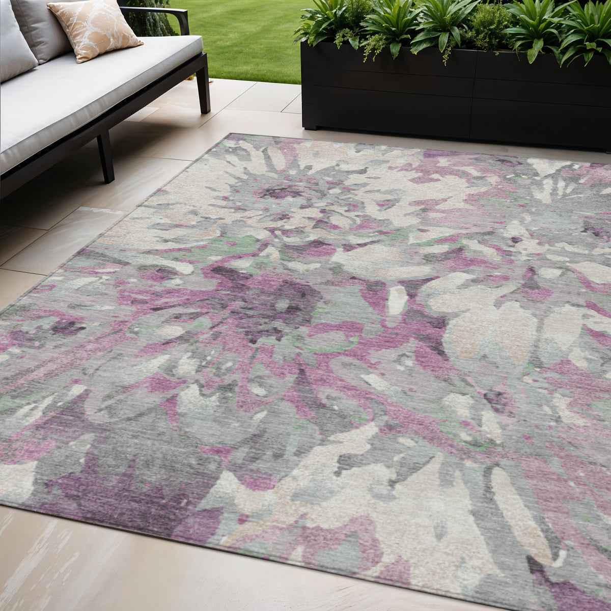 5' X 8' Blush Ivory And Gray Floral Washable Indoor Outdoor Area Rug