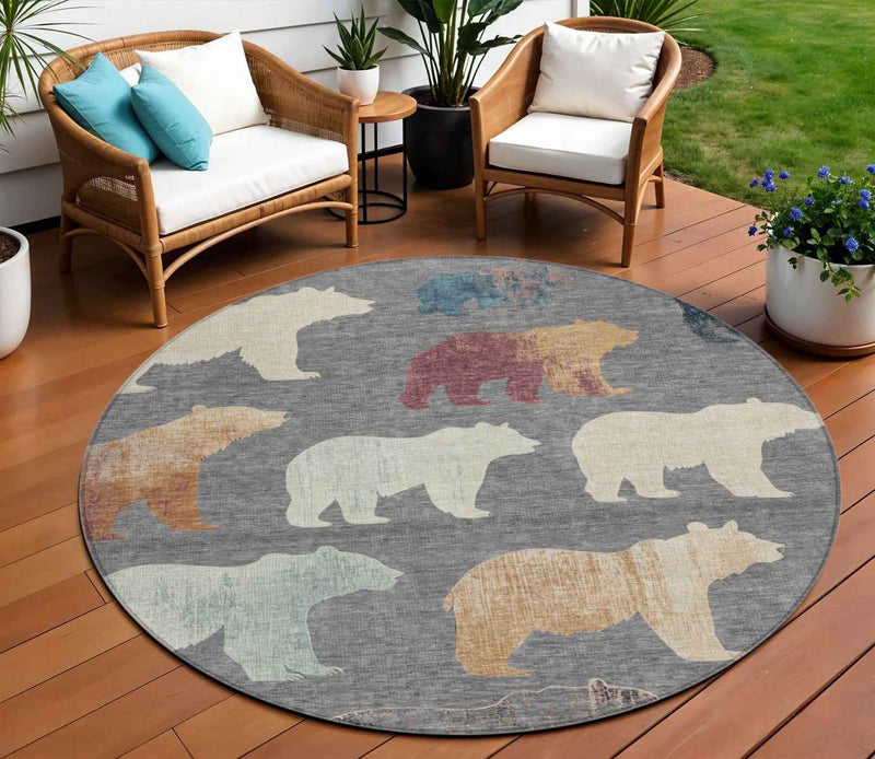 8' Gray Ivory And Beige Round Animal Print Washable Indoor Outdoor Area Rug