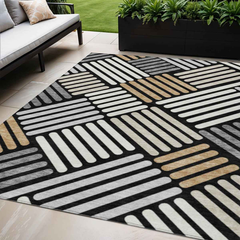5' X 8' Black Beige And Ivory Geometric Washable Indoor Outdoor Area Rug