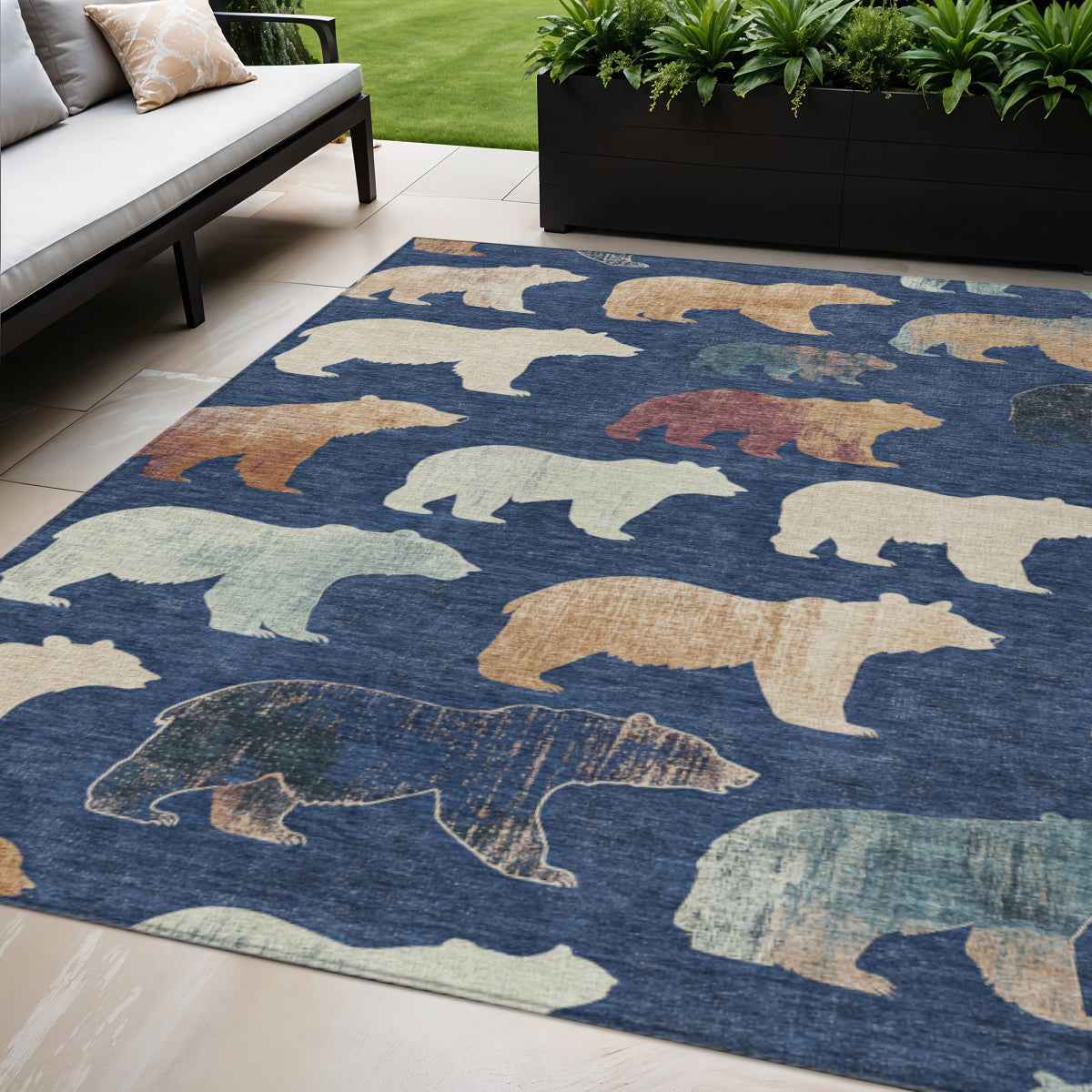 5' X 8' Navy Blue Ivory And Beige Animal Print Washable Indoor Outdoor Area Rug
