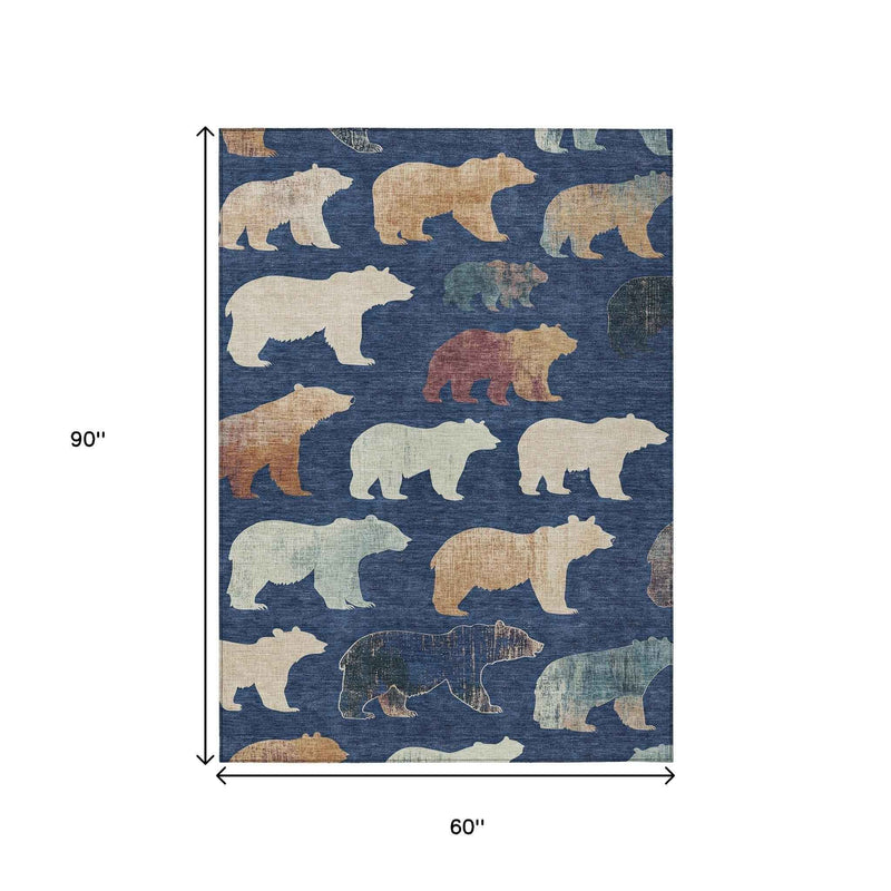 5' X 8' Navy Blue Ivory And Beige Animal Print Washable Indoor Outdoor Area Rug