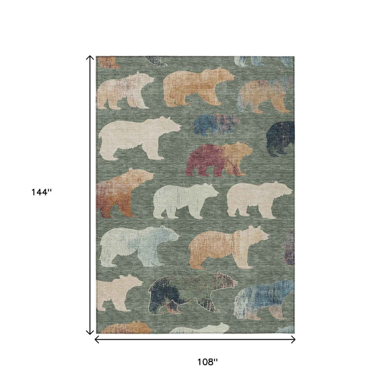 9' X 12' Green Ivory And Copper Animal Print Washable Indoor Outdoor Area Rug