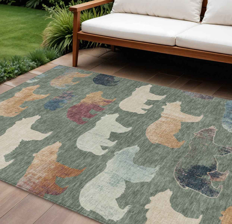 9' X 12' Green Ivory And Copper Animal Print Washable Indoor Outdoor Area Rug
