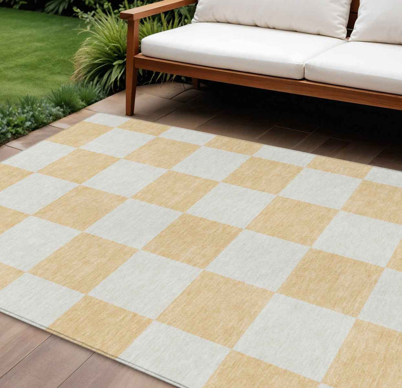 8' X 10' Peach And Beige Geometric Washable Indoor Outdoor Area Rug