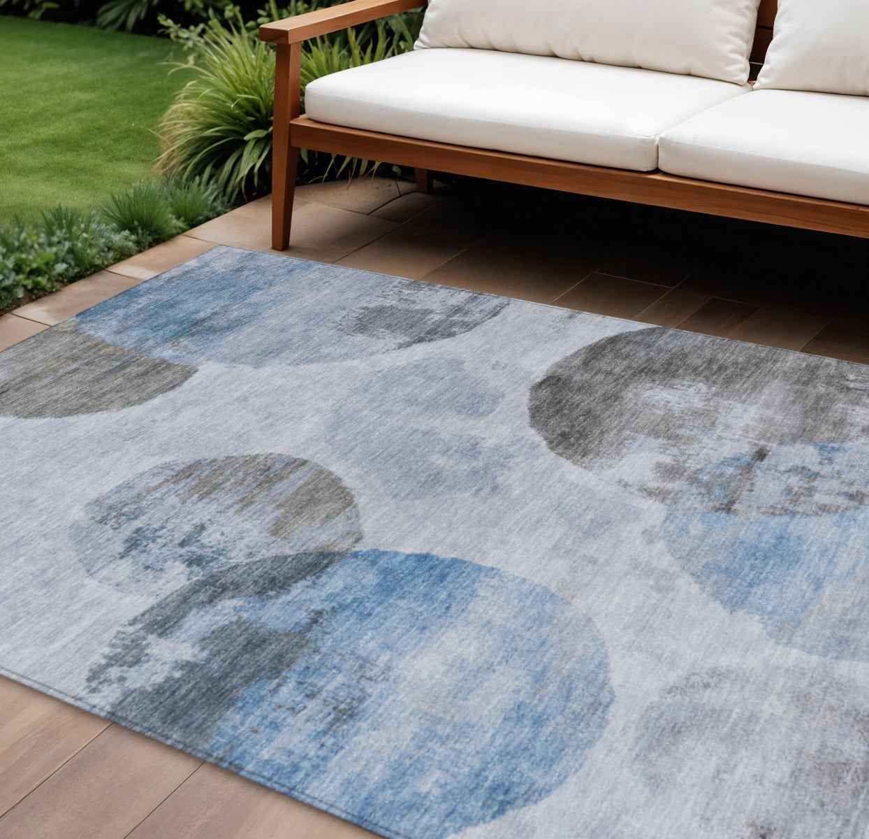 9' X 12' Denim Blue Taupe And Ivory Abstract Washable Indoor Outdoor Area Rug