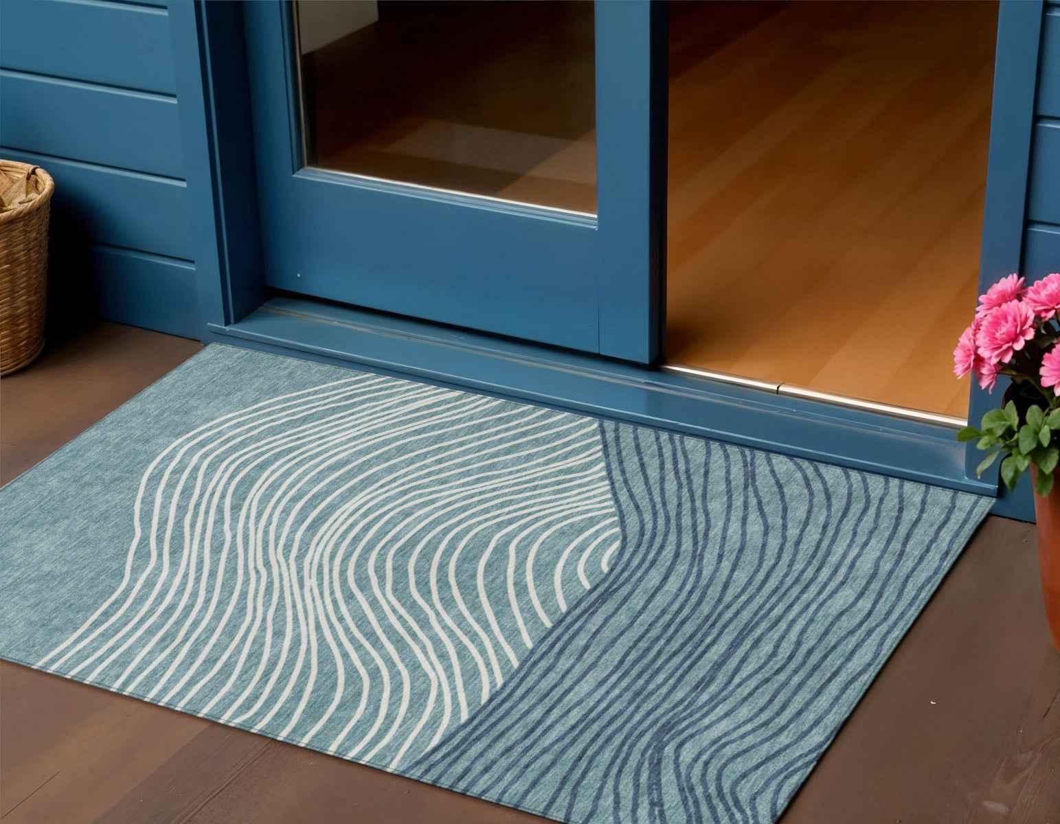3' X 5' Teal Blue And Ivory Striped Washable Indoor Outdoor Area Rug