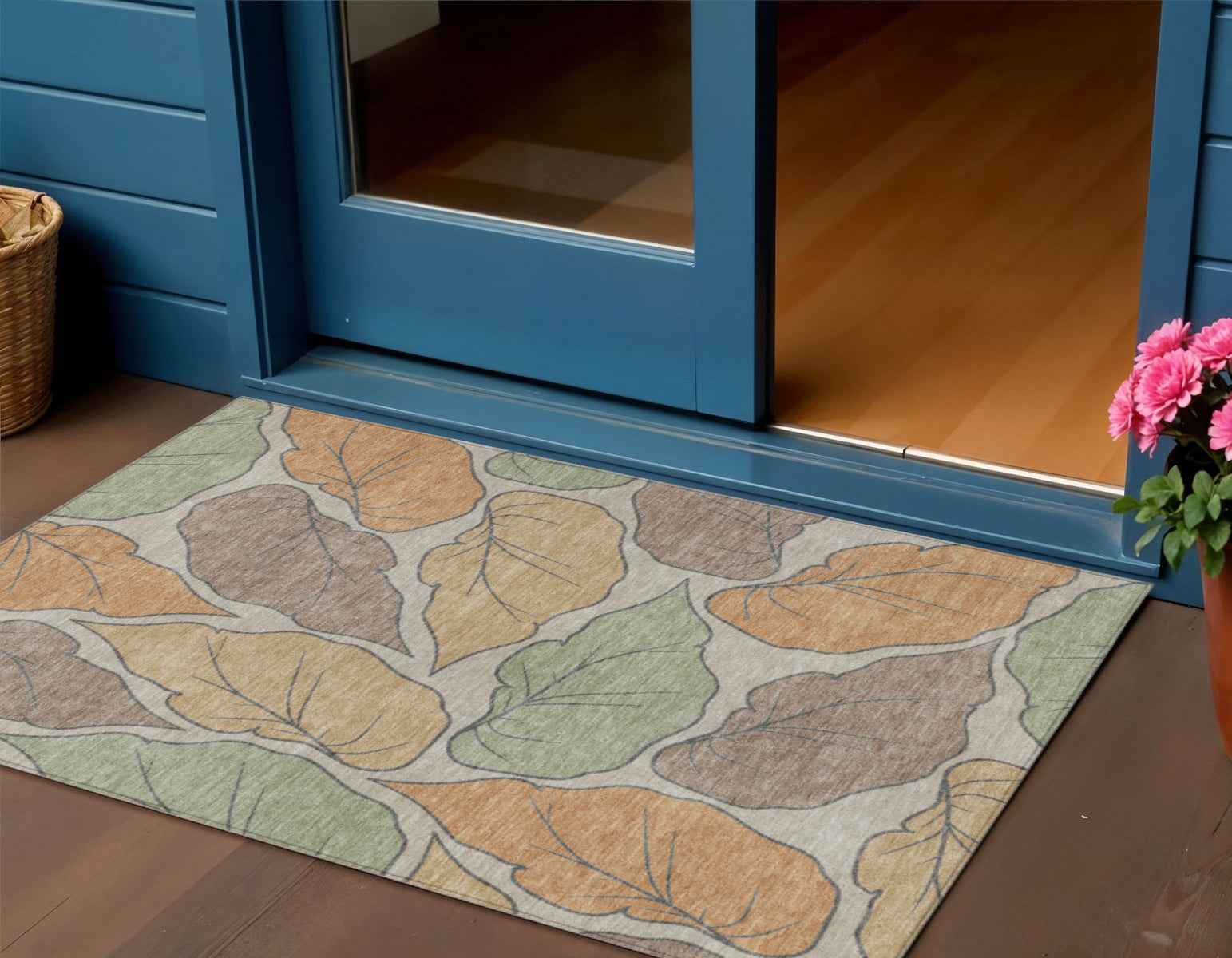 3' X 5' Copper Ivory And Sage Botanical Leaves Washable Indoor Outdoor Area Rug