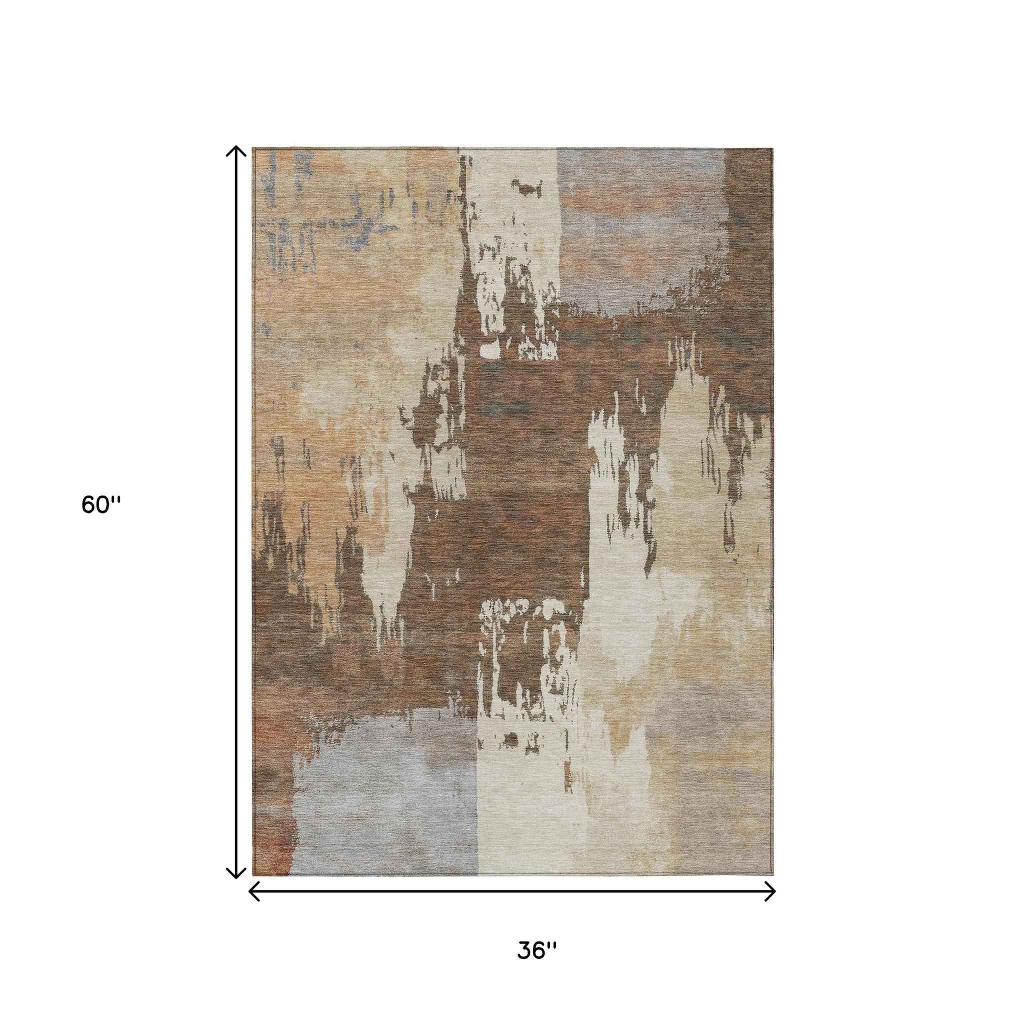 3' X 5' Rust Ivory And Gray Abstract Washable Indoor Outdoor Area Rug