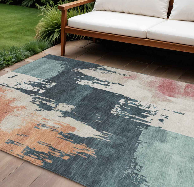 9' X 12' Teal Blue Pink And Orange Abstract Washable Indoor Outdoor Area Rug