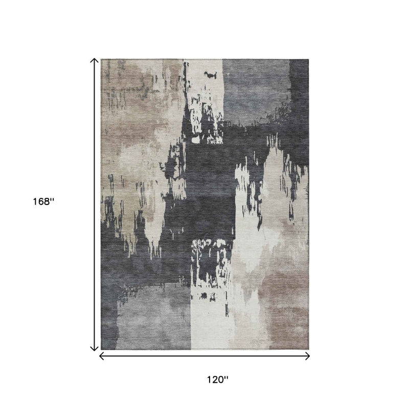 10' X 14' Charcoal Ivory And Beige Abstract Washable Indoor Outdoor Area Rug
