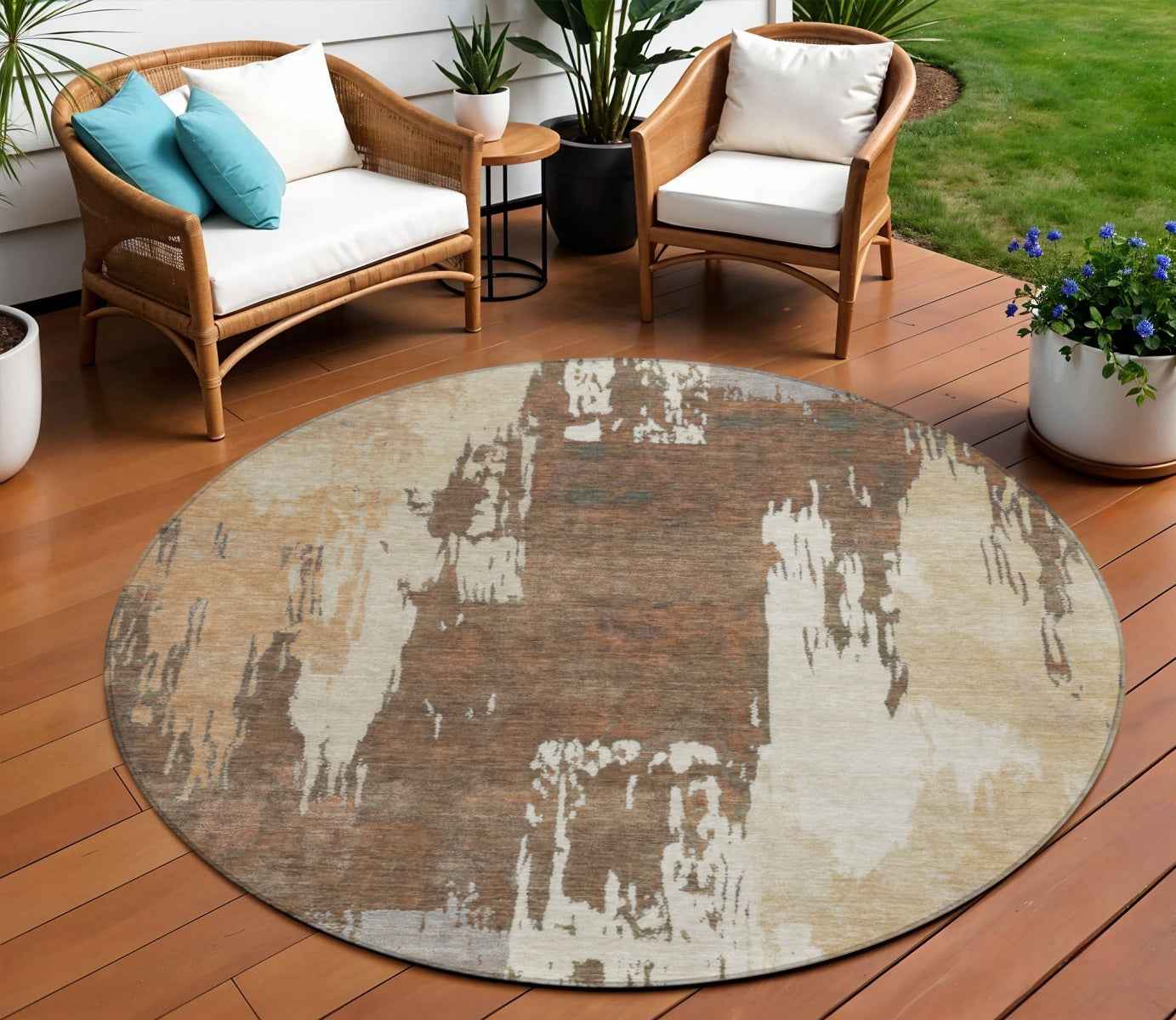 8' Rust Ivory And Gray Round Abstract Washable Indoor Outdoor Area Rug