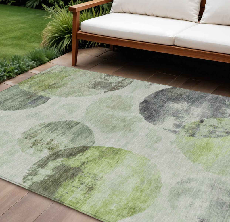 9' X 12' Artichoke Green And Ivory Abstract Washable Indoor Outdoor Area Rug